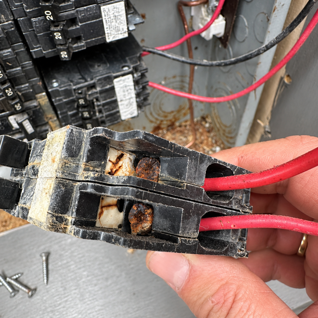 Corroded circuit breaker connections with visible deterioration inside a residential electrical panel in Daly City CA