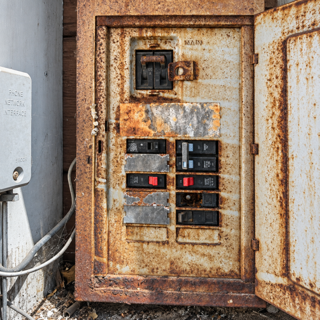 Heavy rust and corrosion on the panel enclosure or electrical components can indicate long-term moisture exposure and deterioration