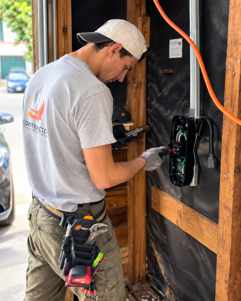 ELC Contractor technician installing an EV charger inside a residential garage in San Bruno