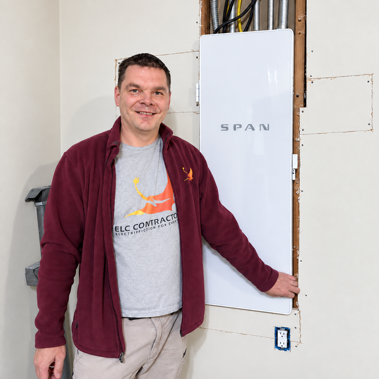 ELC Contractor electrician beside a completed SPAN smart panel installation in the Bay Area