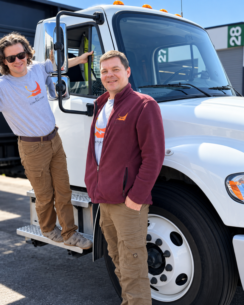 ELC Contractor electricians standing beside a company work truck in the San Francisco Bay Area