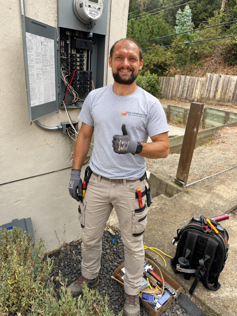 ELC Contractor electrician standing beside an outdoor electrical panel during a residential service project