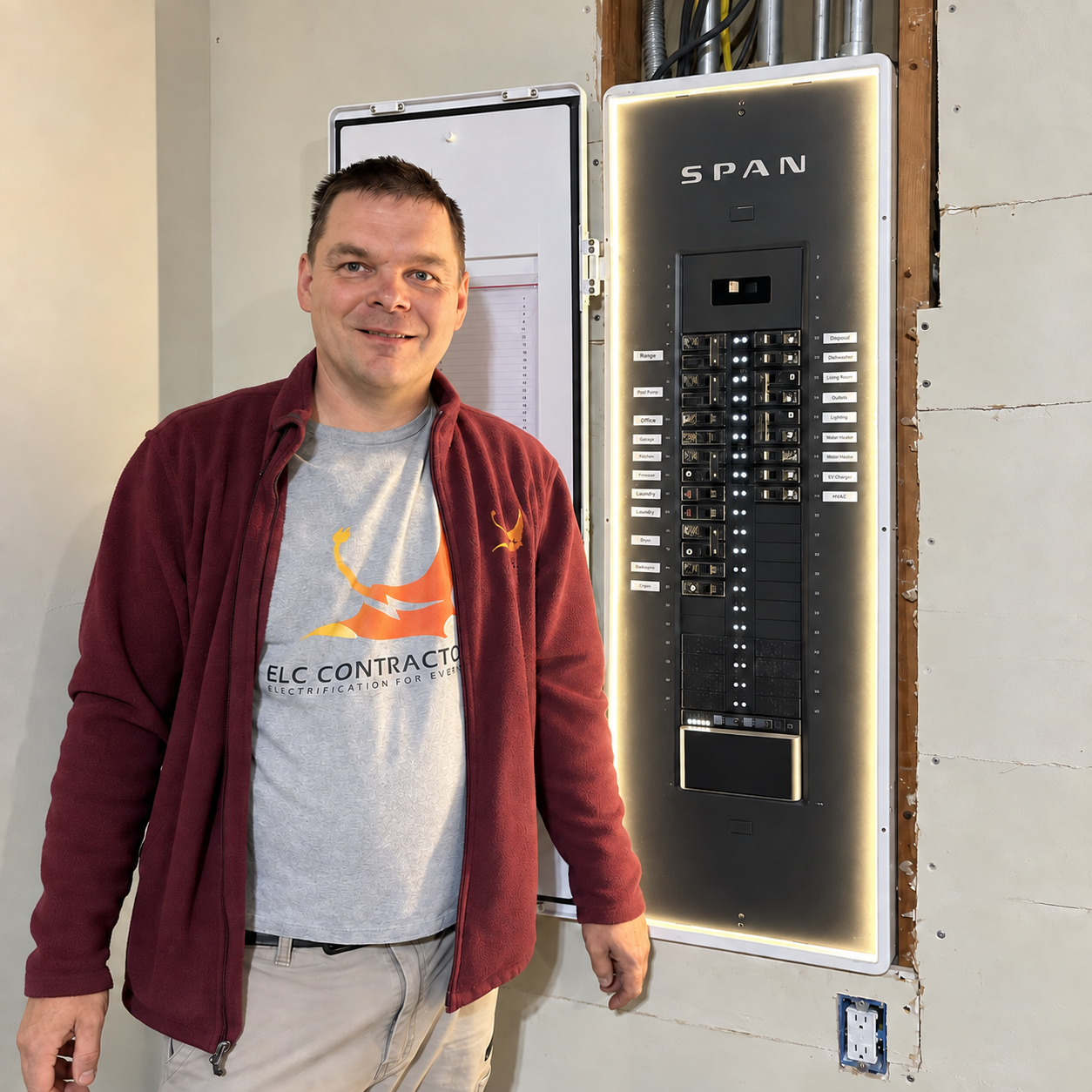 ELC Contractor technician beside a completed SPAN smart electrical panel installation in the Bay Area