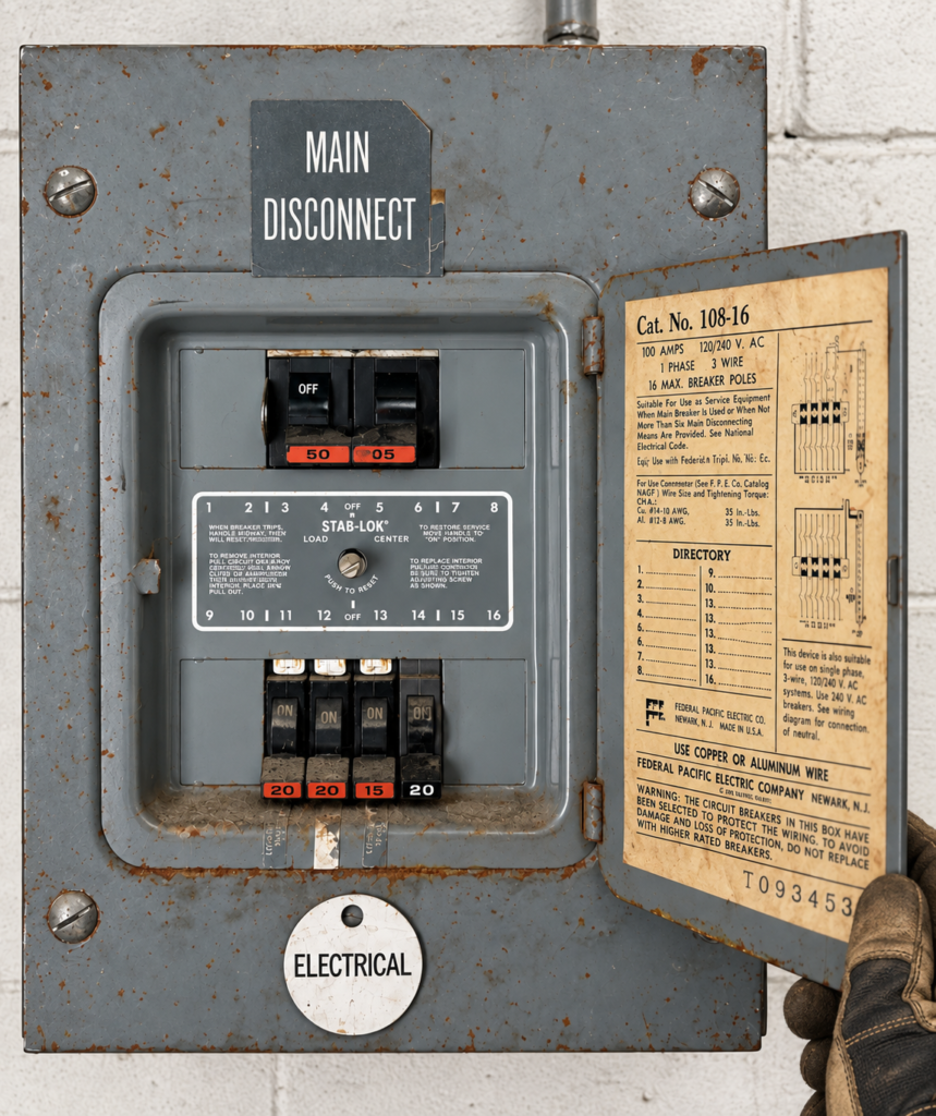 Federal Pacific Stab-Lok electrical panel inspected for replacement in San Mateo CA