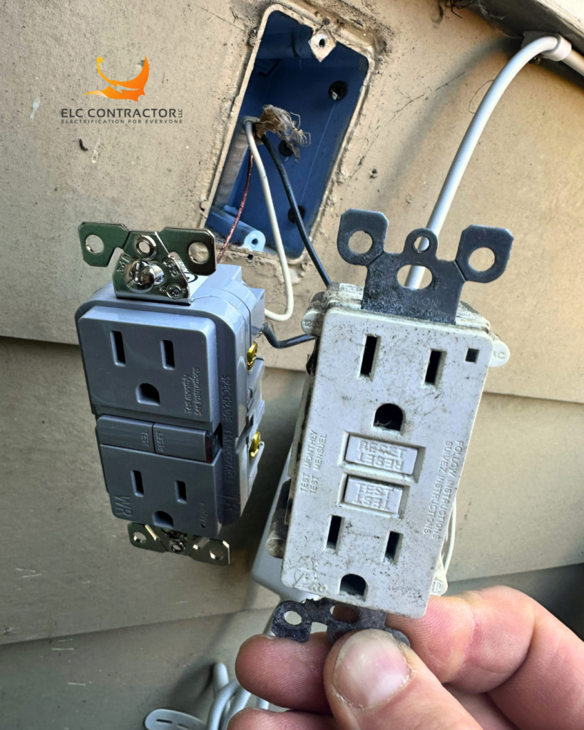 Old GFCI outlet compared with a replacement GFCI receptacle during electrical service in Pacifica, CA