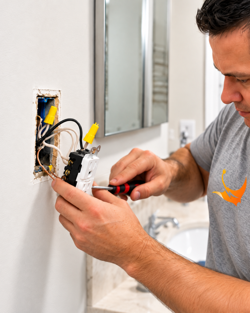 Electrician installing a residential electrical outlet in San Bruno, CA