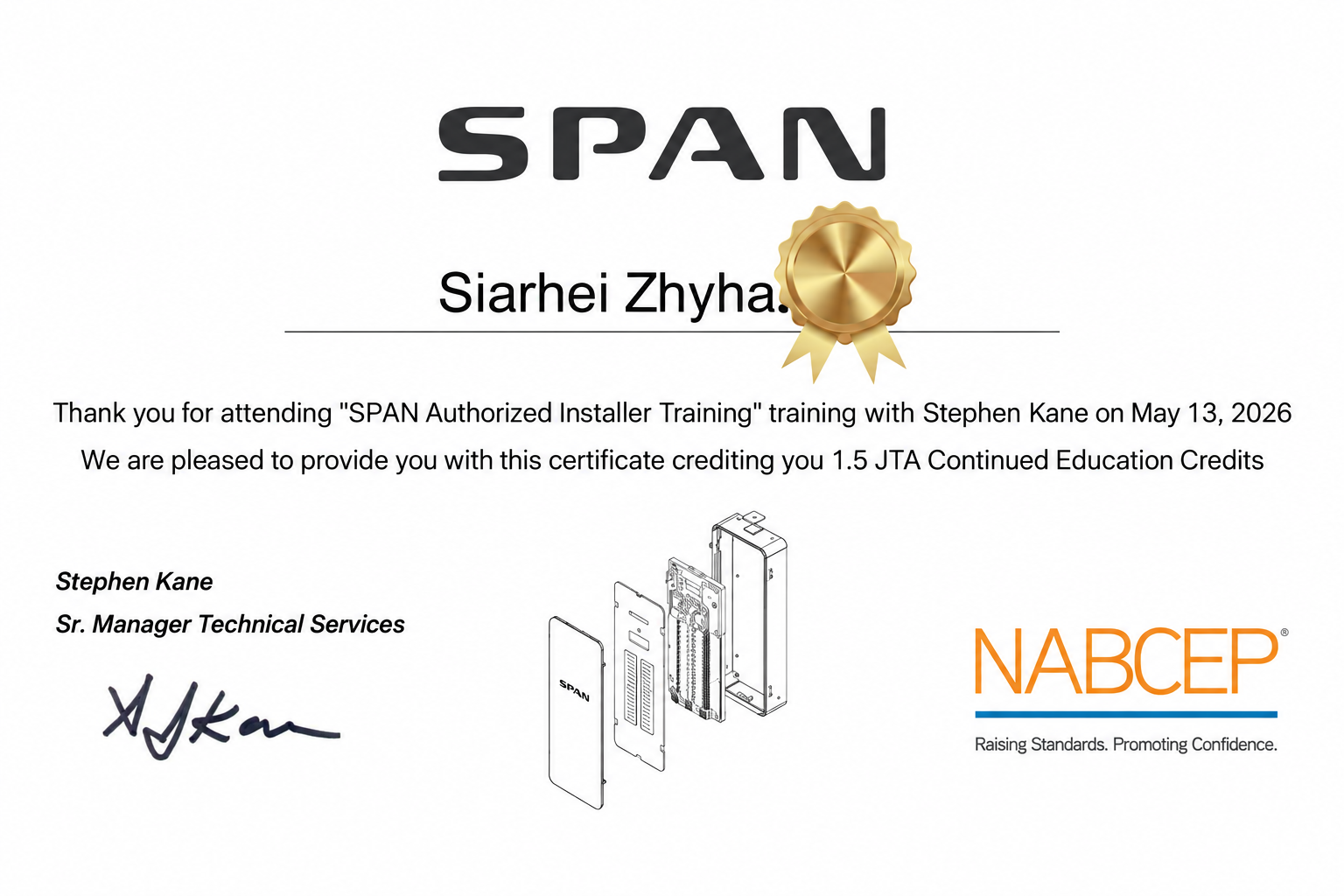 SPAN Authorized Installer training certificate earned by an ELC Contractor electrician