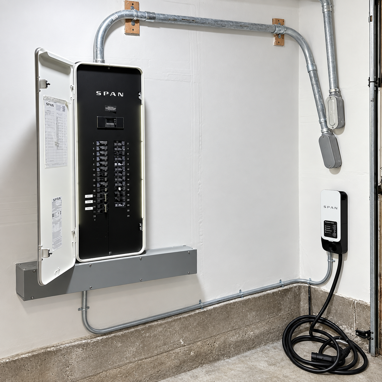 Completed SPAN smart panel and SPAN Drive EV charger installation in a Bay Area garage