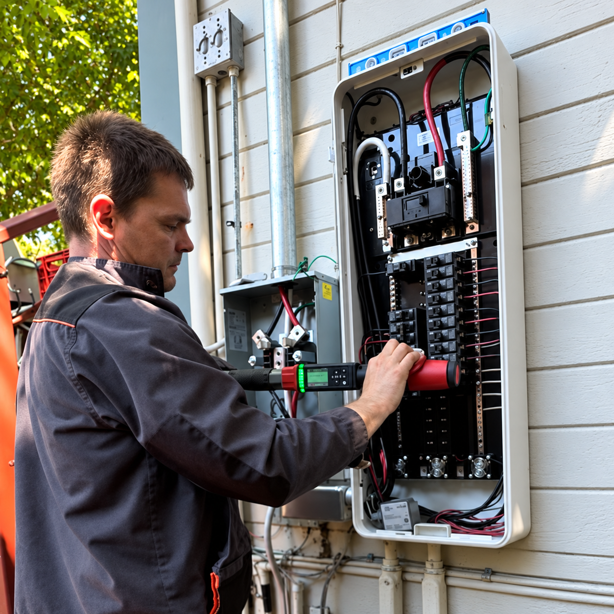 ELC Contractor electrician installing and testing a SPAN smart electrical panel in the Bay Area