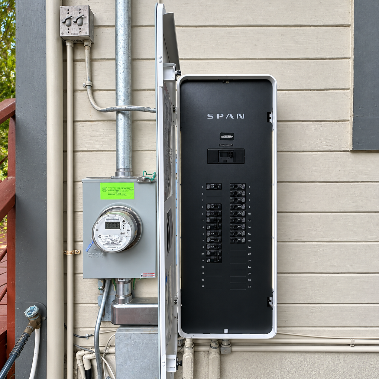 Outdoor SPAN smart electrical panel installation beside a utility meter at a Bay Area home