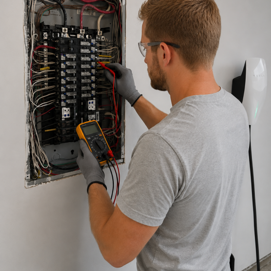 Tesla Wall Connector installed beside an orange Tesla at a home in San Bruno, CA