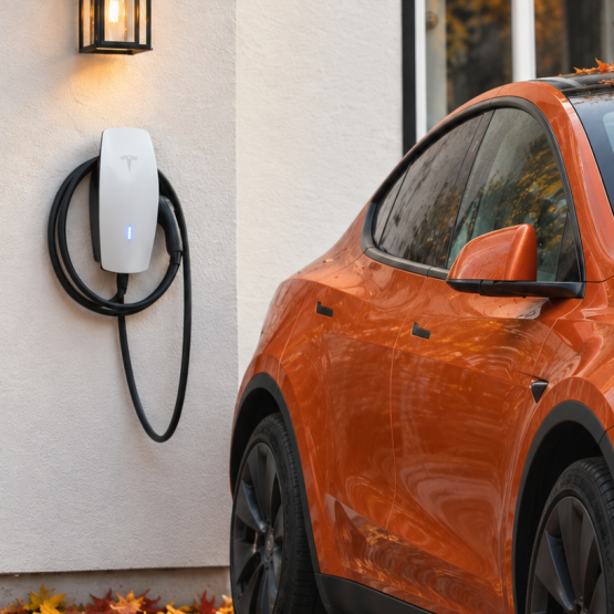 Tesla Wall Connector installed beside an orange Tesla at a home in San Bruno, CA